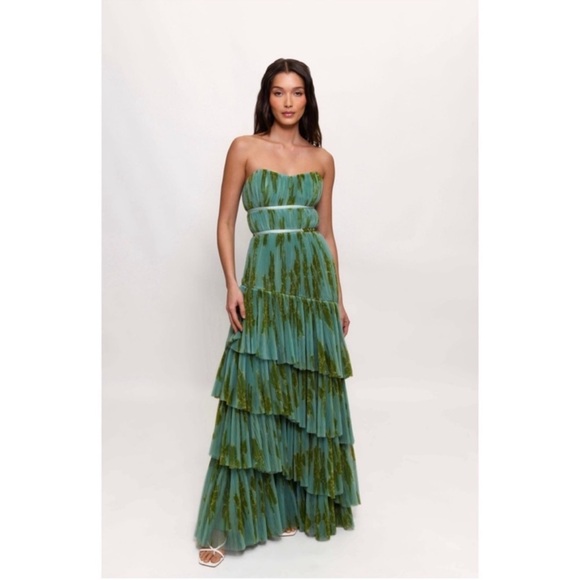 ANTHROPOLOGIE Hutch Lanza Strapless Pleated Tiered Ruffle Tulle Maxi Dress Green - Picture 8 of 15
